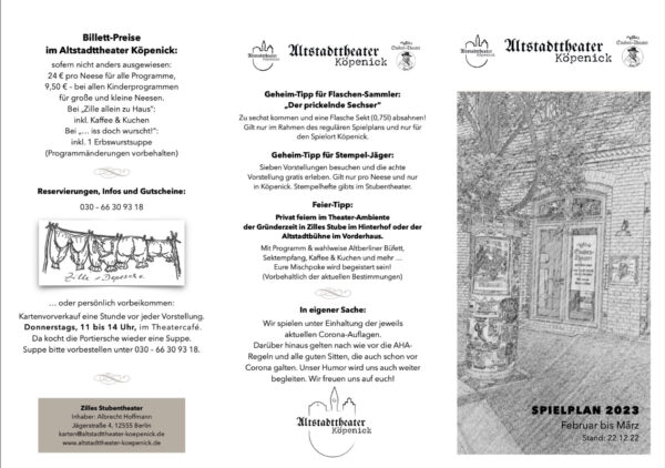 Der Spielplan fürs Frühjahr 2023 im Altstadttheater Köpenick inkl. Zilles Stubentheater und der Altstadttbühne