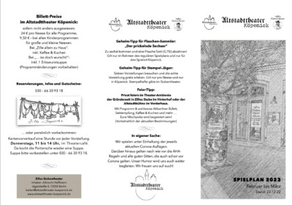 Der Spielplan fürs Frühjahr 2023 im Altstadttheater Köpenick inkl. Zilles Stubentheater und der Altstadttbühne